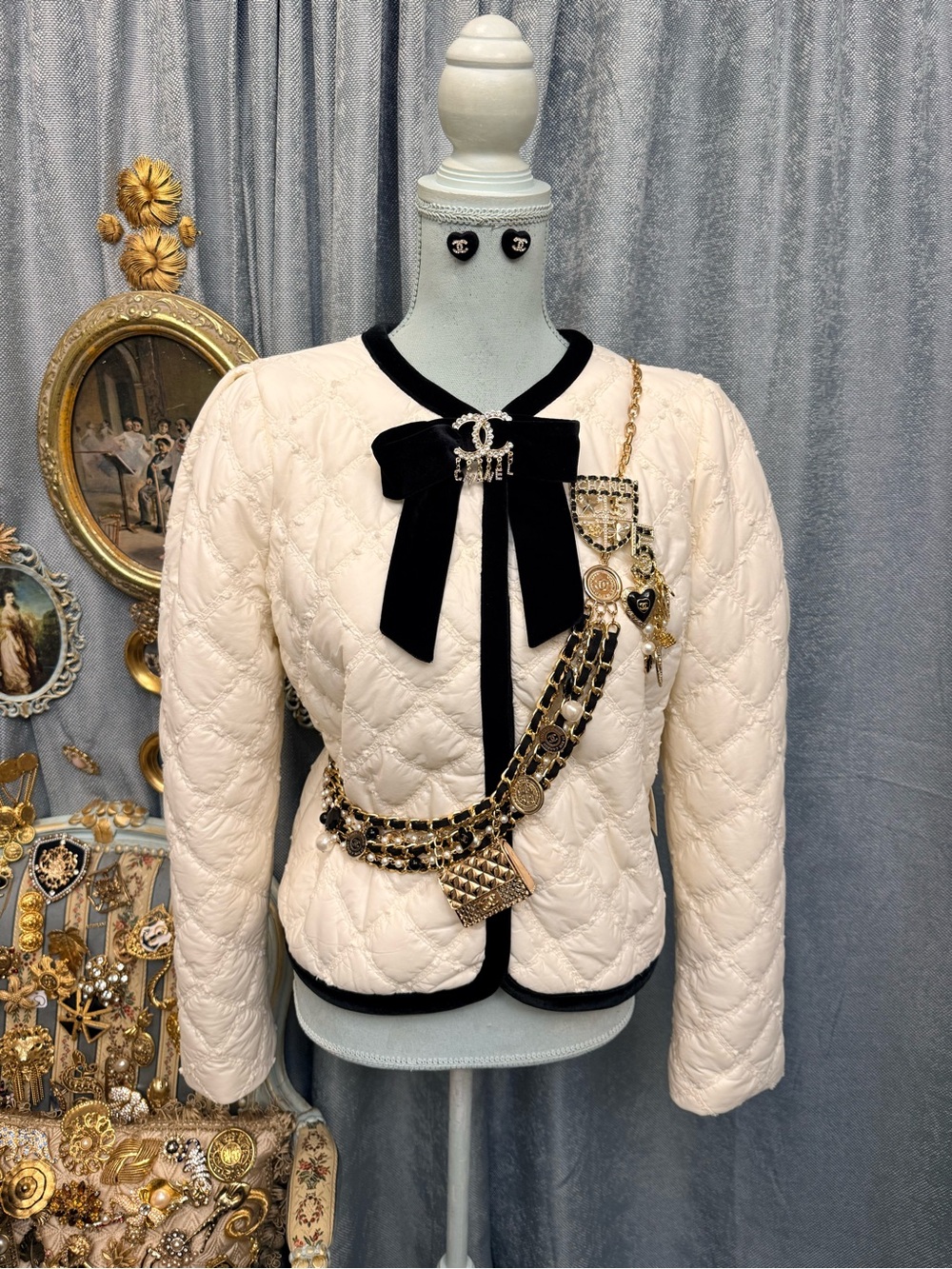 Elegant Cream Quilted Jacket with Black Velvet Trim